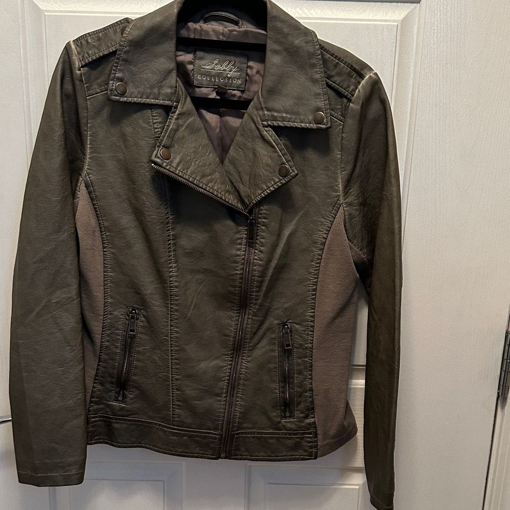 Sebby Collection Women's Gray Brown Faux Leather Knit Panels Jacket Size Medium
